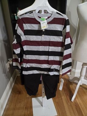 Tahari Kids Striped Henley Set - Maroon, Black & Gray